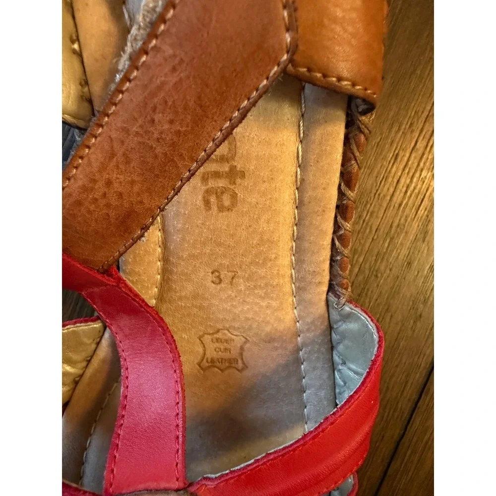 Remonte Red Tan Leather Beaded Wedge Sandals Womens 37 Slingback Boho US Sz 6.5